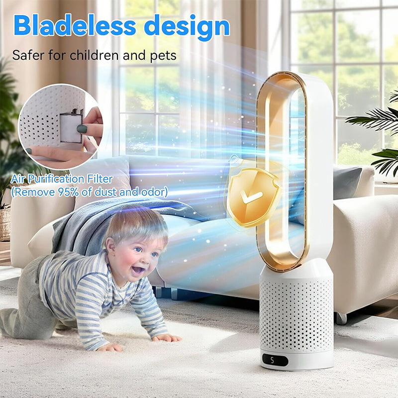 2026 New Bladeless Tower Fan with Air Purifier – Ultra-Quiet Floor & Desk Fan for Bedroom, Home, Office